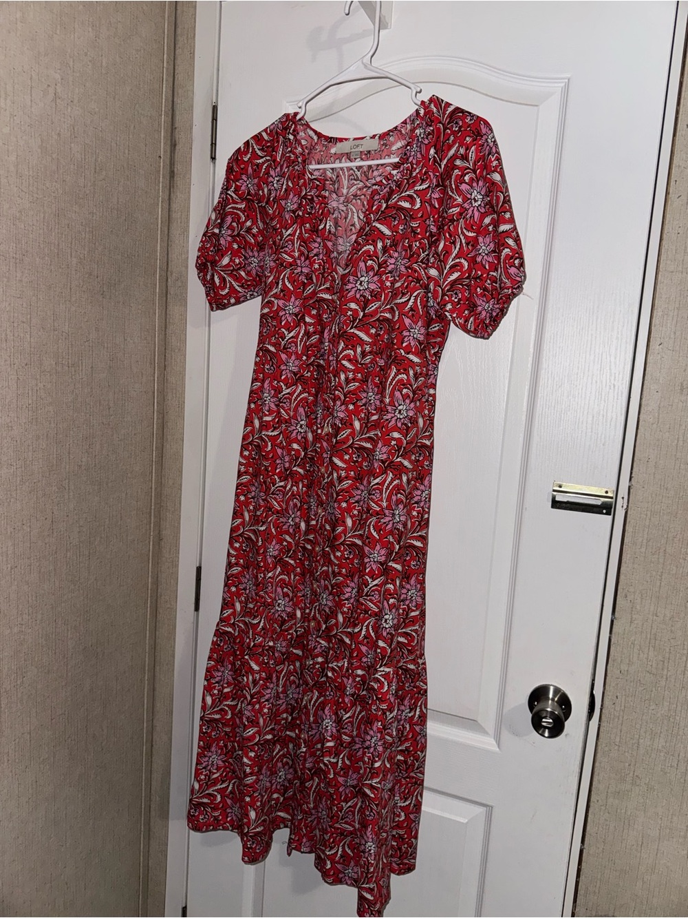 LOFT Red Floral V-Neck Maxi Dress with Puff Sleeves